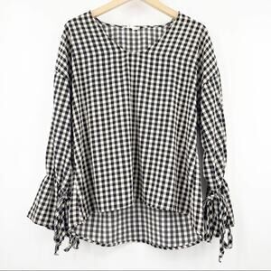 143 STORY by LINEUP Blouse Buffalo Check Ruffle Sleeves Ties Black SZ Small
